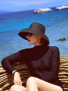 1pc Women's Black Wide Brim Sun Hat, Retro Bohemian Style Straw Hat, Foldable Packable Bucket Hat For Beach, UV Protection, Lightweight Sun Shading, Suitable For Beach, Travel, Wedding, Music Festival, Valentine's Day Gift