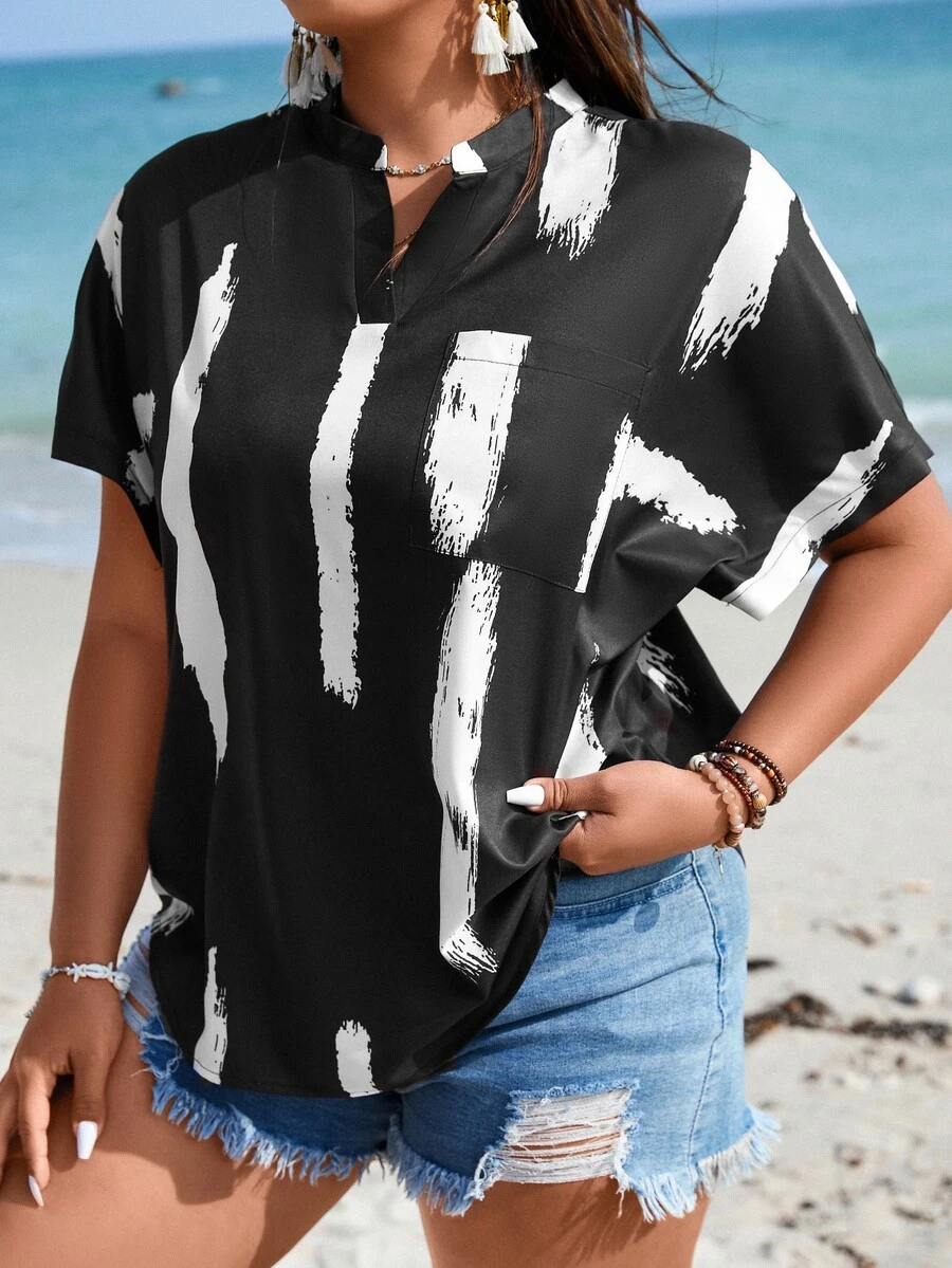 SHEIN LUNE Plus Brush Print Batwing Sleeve Popover Blouse - Black and White - View 1