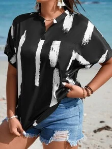 SHEIN LUNE Plus Brush Print Batwing Sleeve Popover Blouse - Black and White - View 3