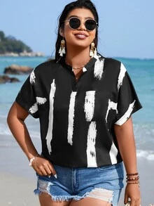 SHEIN LUNE Plus Brush Print Batwing Sleeve Popover Blouse - Black and White - View 4