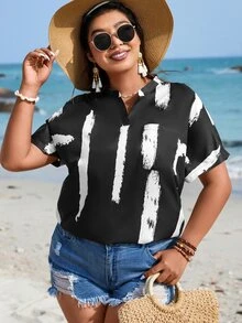 SHEIN LUNE Plus Brush Print Batwing Sleeve Popover Blouse - Black and White - View 6