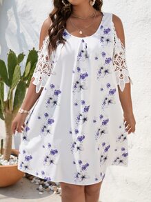 SHEIN LUNE Plus Floral Print Guipure Lace Panel Cold Shoulder Dress - White - View 1