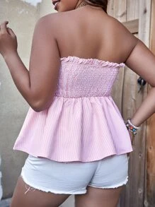 SHEIN Holidaya Plus Striped Print Frill Trim Peplum Tube Top - Pink - View 2