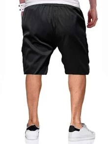 Manfinity Homme Hombres Shorts con bolsillo con solapa de cintura con cordón cargo - Negro - Ver 2