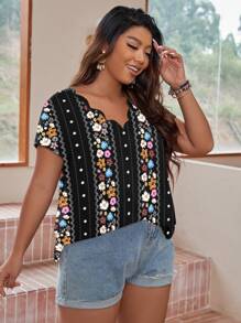 SHEIN LUNE Plus Floral Print Scallop Trim Tee - Multicolor - View 5