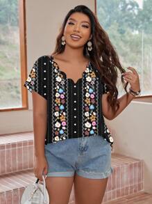 SHEIN LUNE Plus Floral Print Scallop Trim Tee - Multicolor - View 6