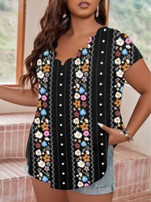 SHEIN LUNE Plus Floral Print Scallop Trim Tee - Multicolor - View 7