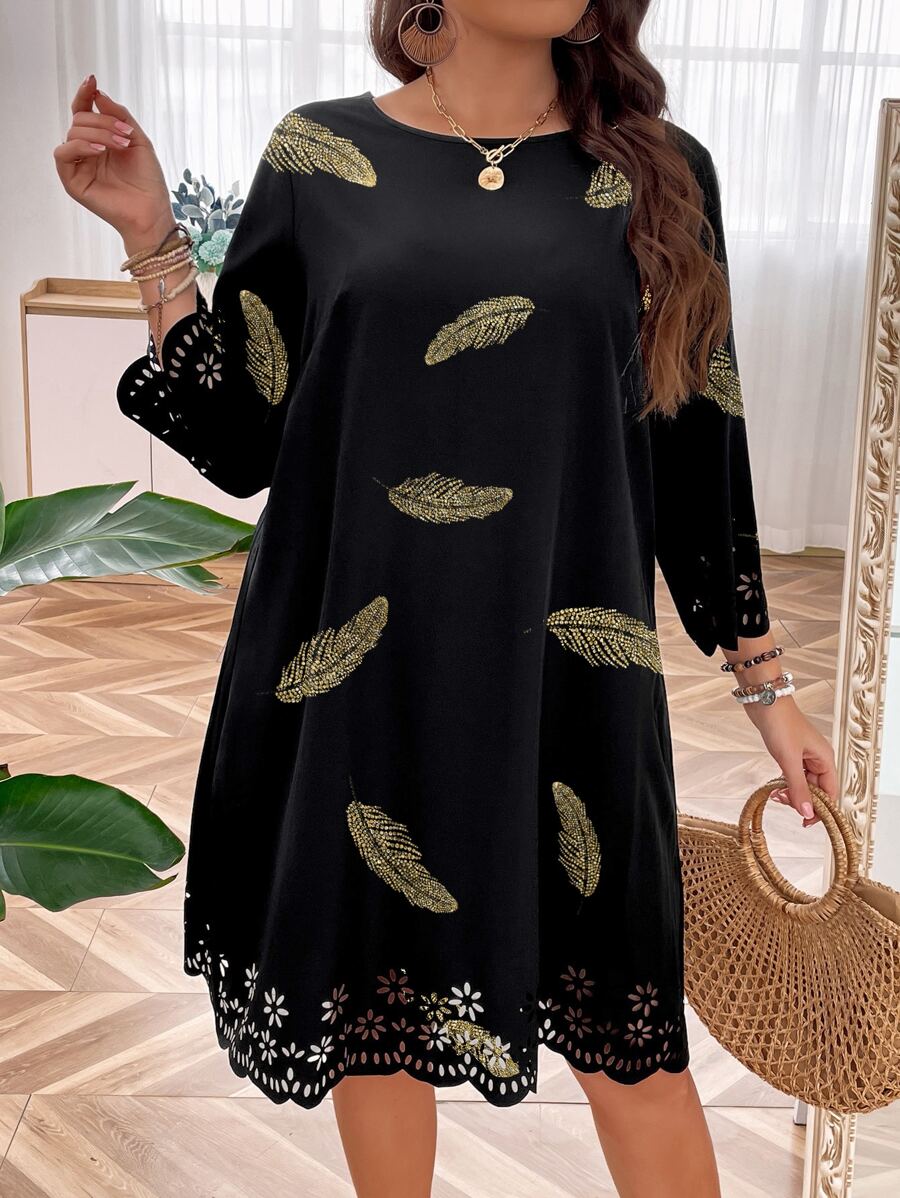 SHEIN LUNE Plus Feather Print Laser Cut Scallop Trim Dress - Black - View 1
