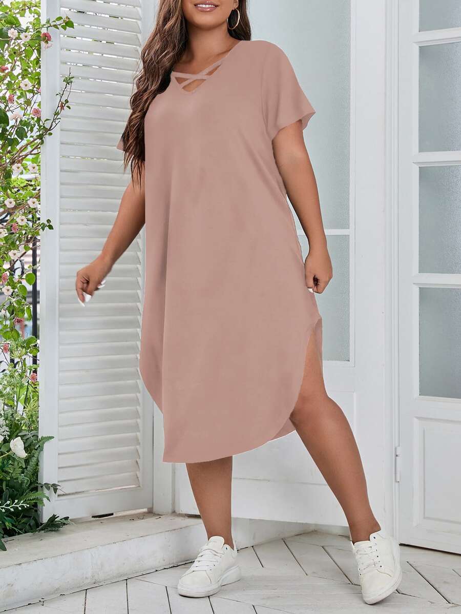 SHEIN LUNE 大碼前交叉弧形下擺T恤連衣裙 - 藕粉色 - 查看 1