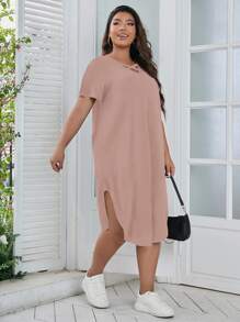 SHEIN LUNE 大碼前交叉弧形下擺T恤連衣裙 - 藕粉色 - 查看 3