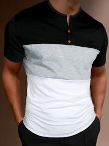 Manfinity Homme 男士短袖亨利衫拼色休闲夏季涤纶T恤 - 彩色 - 查看 1