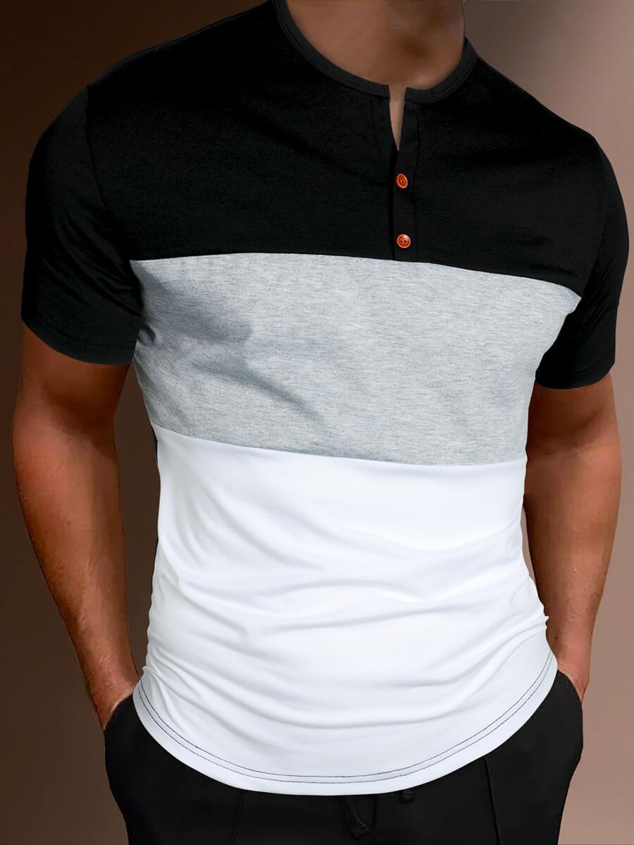 Manfinity Homme 男士短袖亨利衫拼色休闲夏季涤纶T恤 - 彩色 - 查看 1