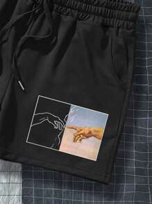Manfinity Hypemode 男士手掌和標語圖案腰部抽繩短褲 - 黑色 - 查看 4