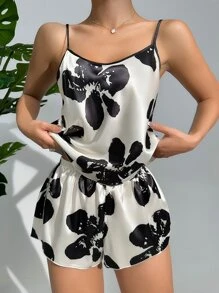 花卉印花撞色缎面睡衣套装/睡衣套装