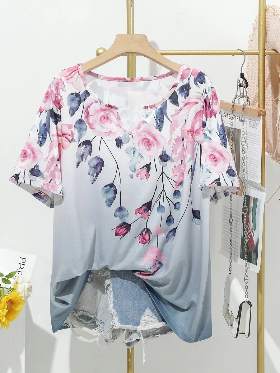 SHEIN LUNE Camiseta con estampado floral - Multicolor - Ver 1