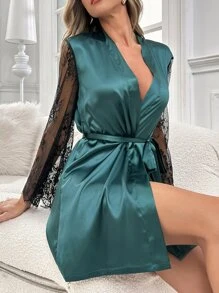 Bata con encaje en contraste de manga con volante con cinturón de satén - Verde Oscuro - Ver 3