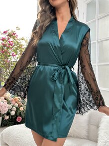 Bata con encaje en contraste de manga con volante con cinturón de satén - Verde Oscuro - Ver 4