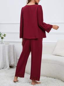 Moonlight&Mama Maternity Guipure Lace Trim Adjustable Elastic Waist PJ Set / Pajama Set For Mother - Burgundy - View 2