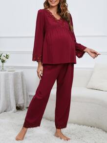Moonlight&Mama Maternity Guipure Lace Trim Adjustable Elastic Waist PJ Set / Pajama Set For Mother - Burgundy - View 3