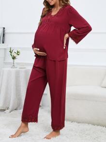 Moonlight&Mama Maternity Guipure Lace Trim Adjustable Elastic Waist PJ Set / Pajama Set For Mother - Burgundy - View 4