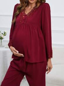 Moonlight&Mama Maternity Guipure Lace Trim Adjustable Elastic Waist PJ Set / Pajama Set For Mother - Burgundy - View 5