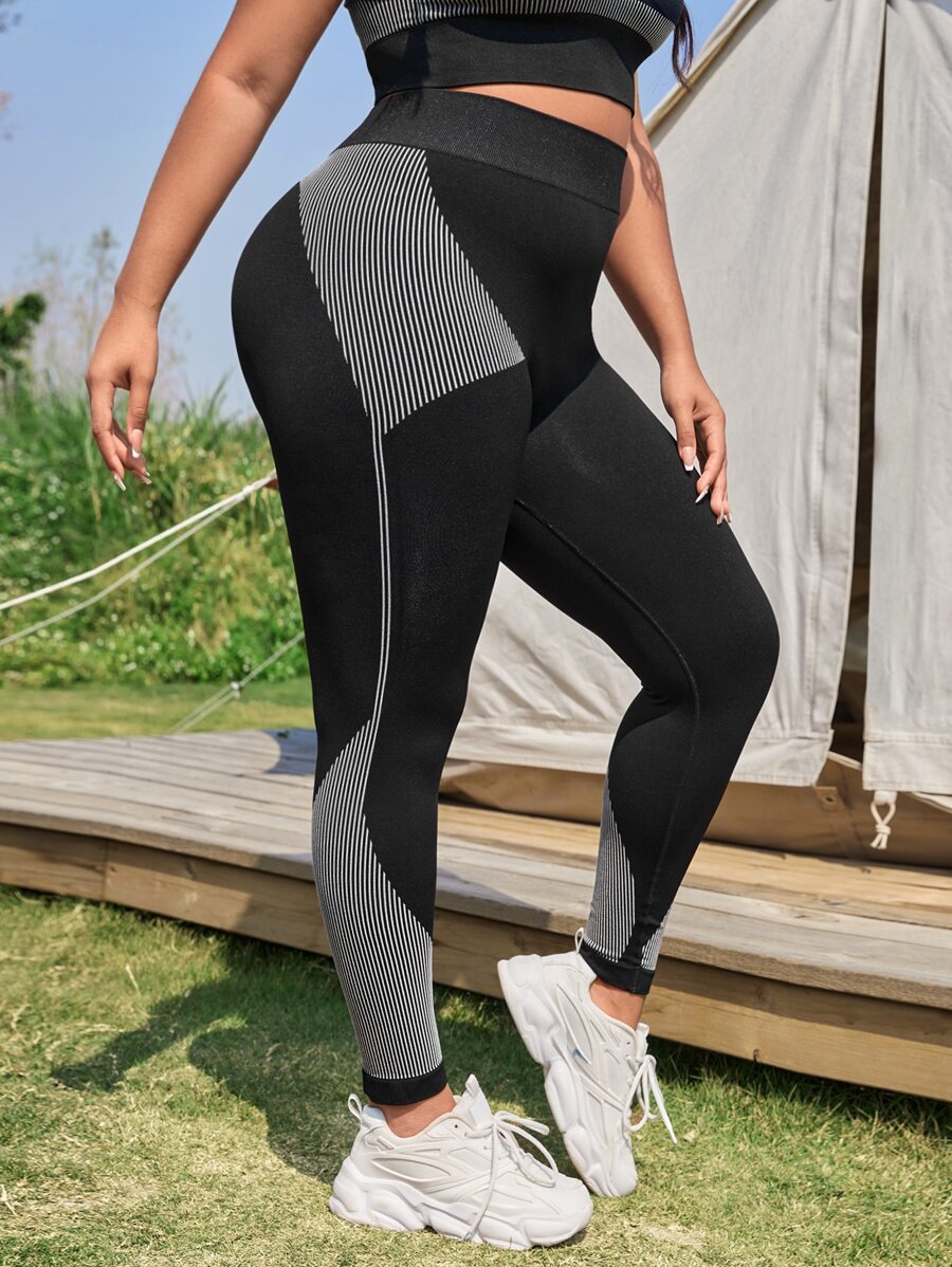 Gameset SHEIN Sport Plus Striped Print Sports Leggings - Black - View 1