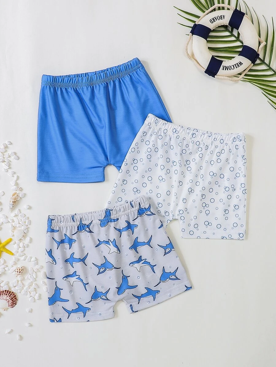 SHEIN 嬰兒3入組泡泡和鯊魚印花短褲 - 彩色 - 查看 1