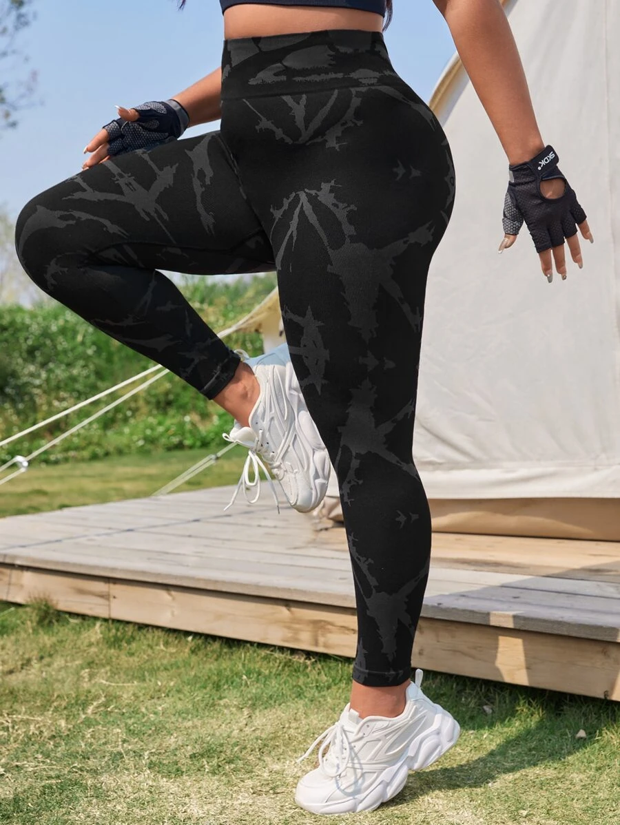 Yoga Basic Plus Tie Dye Wideband Waist Sports Leggings - Black - View 1