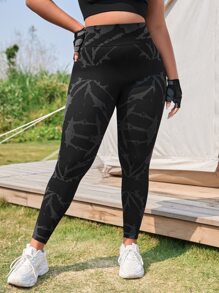 Yoga Basic Plus Tie Dye Wideband Waist Sports Leggings - Black - View 3