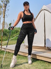 Yoga Basic Plus Tie Dye Wideband Waist Sports Leggings - Black - View 5