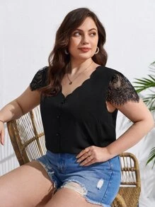 SHEIN Frenchy Plus Contrast Lace Scallop Trim Button Front Blouse - Black - View 3