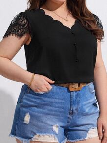 SHEIN Frenchy Plus Contrast Lace Scallop Trim Button Front Blouse - Black - View 4