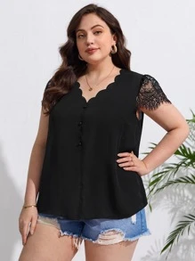 SHEIN Frenchy Plus Contrast Lace Scallop Trim Button Front Blouse - Black - View 5