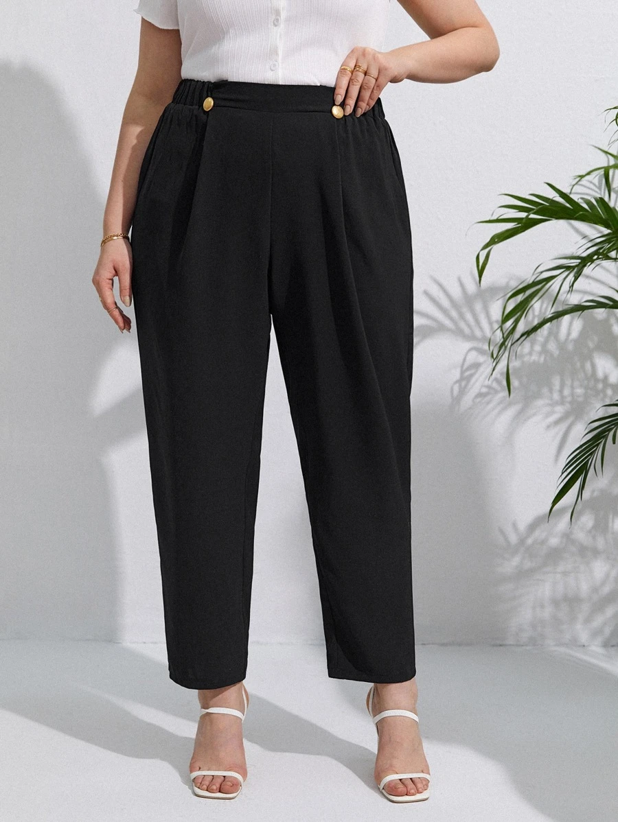 SHEIN Frenchy Quần Plus Size Nút Uốn nếp màu trơn Giải trí - màu đen - Xem 1