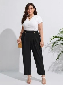 SHEIN Frenchy Quần Plus Size Nút Uốn nếp màu trơn Giải trí - màu đen - Xem 4