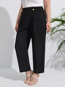SHEIN Frenchy Quần Plus Size Nút Uốn nếp màu trơn Giải trí - màu đen - Xem 5