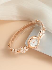 Flower Decor Round Pointer Quartz Watch Holiday As A Gift For Students Returning To School Valentines