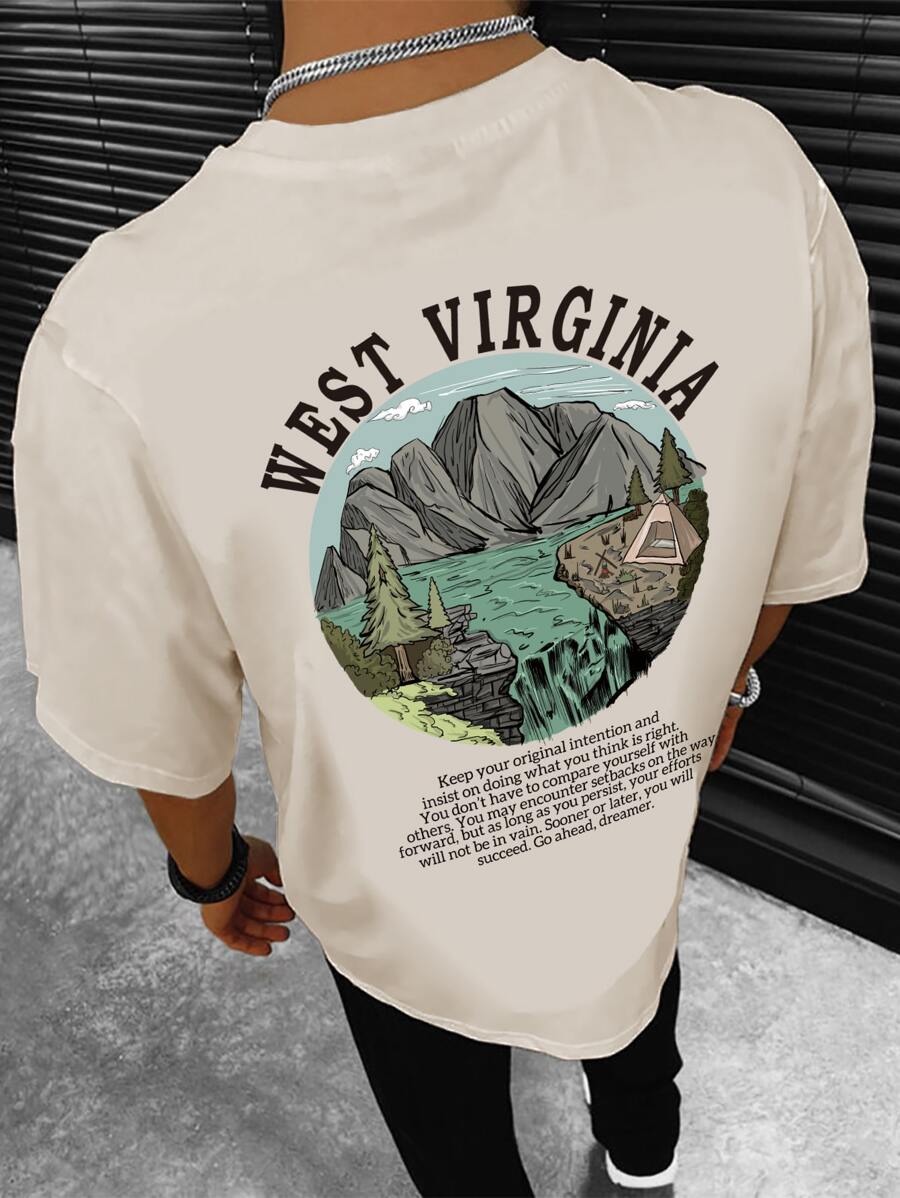 Manfinity Hypemode Men Mountain & Slogan Graphic Tee - Beige - View 1