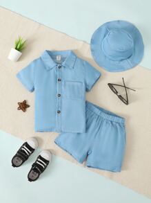 SHEIN Toddler Boys Patched Pocket Shirt & Shorts - Blue - View 1