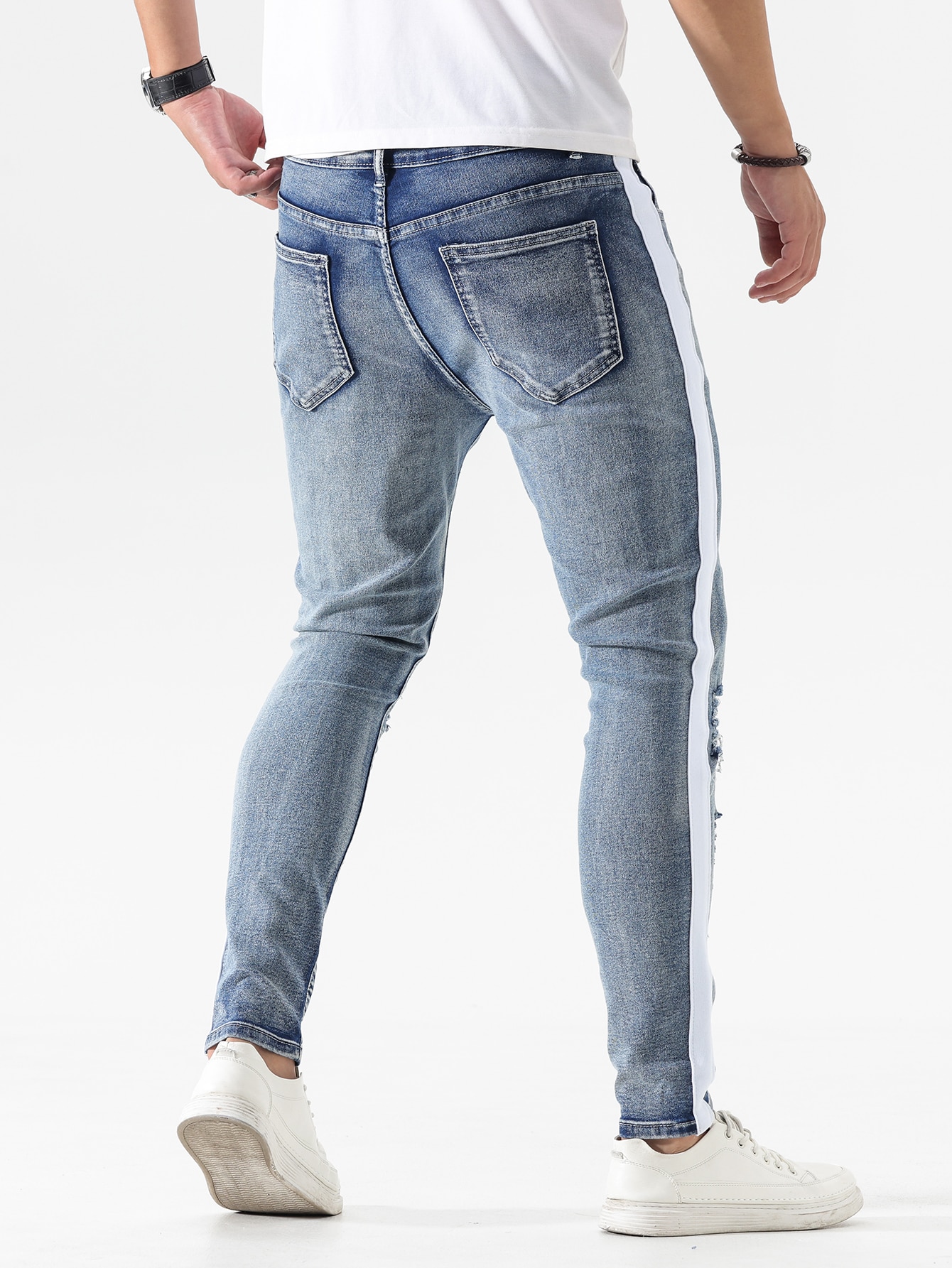 Manfinity Men Cotton Contrast Panel Side Ripped Jeans SHEIN UK