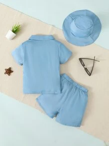 SHEIN Toddler Boys Patched Pocket Shirt & Shorts - Blue - View 2