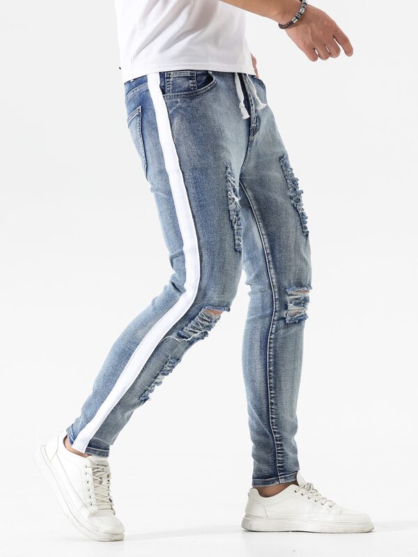 Manfinity Sporsity Men Cotton Contrast Panel Side Ripped Jeans SHEIN USA