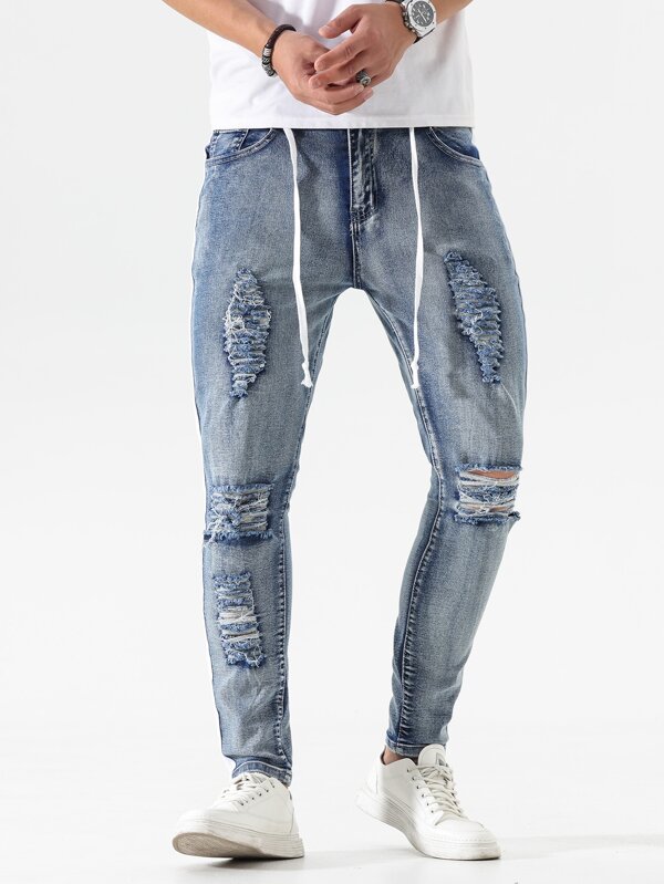 Manfinity Sporsity Men Cotton Contrast Panel Side Ripped Jeans SHEIN USA