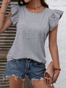 SHEIN LUNE Áo thun nữ cườm đính Ngọc trai Xù màu trơn Giải trí - Xám - Xem 1
