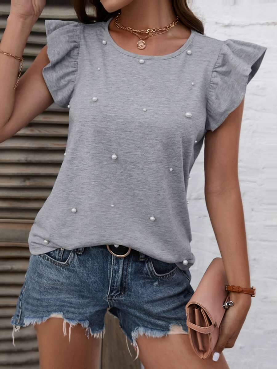 SHEIN LUNE Áo thun nữ cườm đính Ngọc trai Xù màu trơn Giải trí - Xám - Xem 1