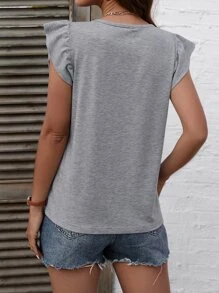 SHEIN LUNE Áo thun nữ cườm đính Ngọc trai Xù màu trơn Giải trí - Xám - Xem 2