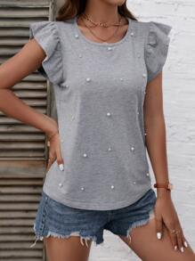 SHEIN LUNE Áo thun nữ cườm đính Ngọc trai Xù màu trơn Giải trí - Xám - Xem 3