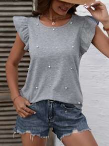 SHEIN LUNE Áo thun nữ cườm đính Ngọc trai Xù màu trơn Giải trí - Xám - Xem 4