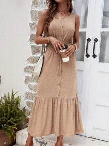 SHEIN LUNE 前紐扣荷葉邊連衣裙 - 卡其色 - 查看 5