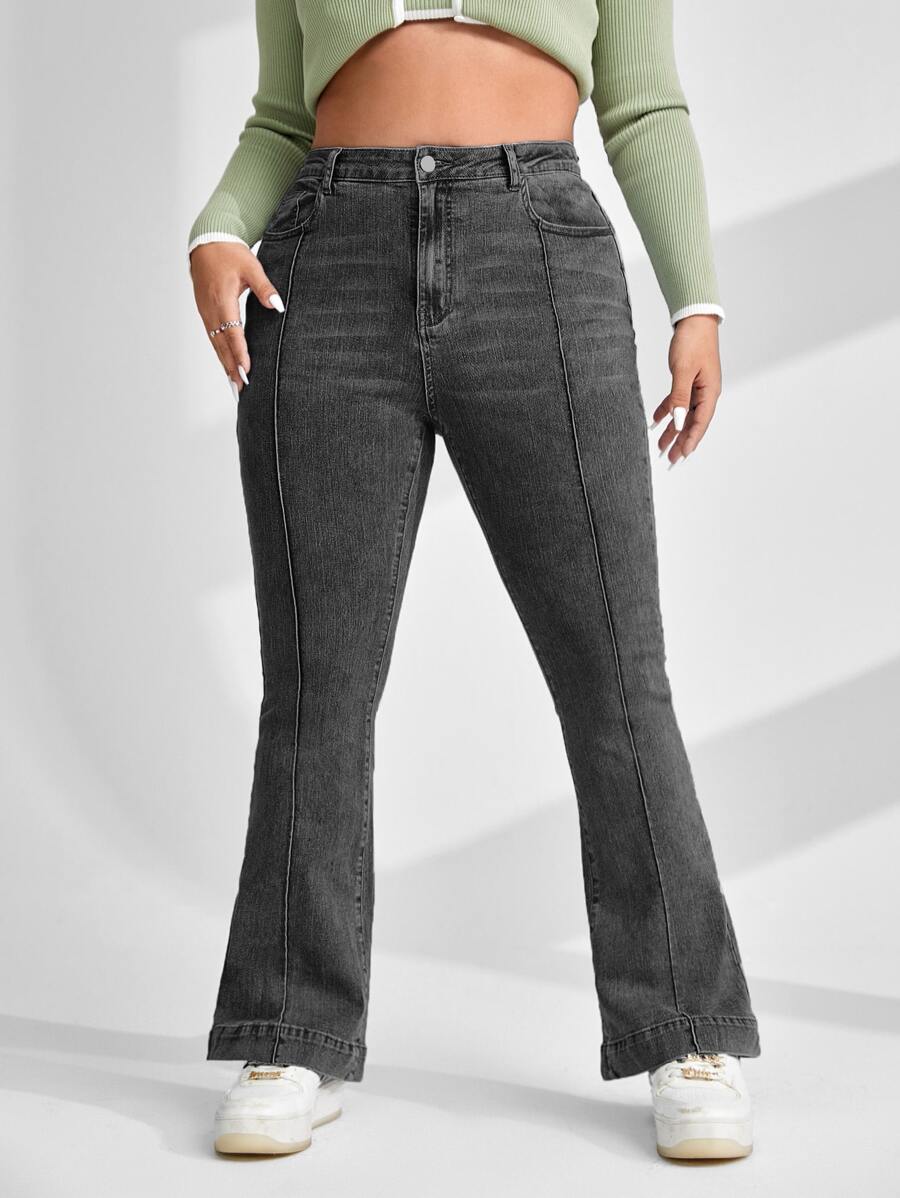 SHEIN EZwear 大碼高腰接縫細節牛仔喇叭褲 - 深灰色 - 查看 1